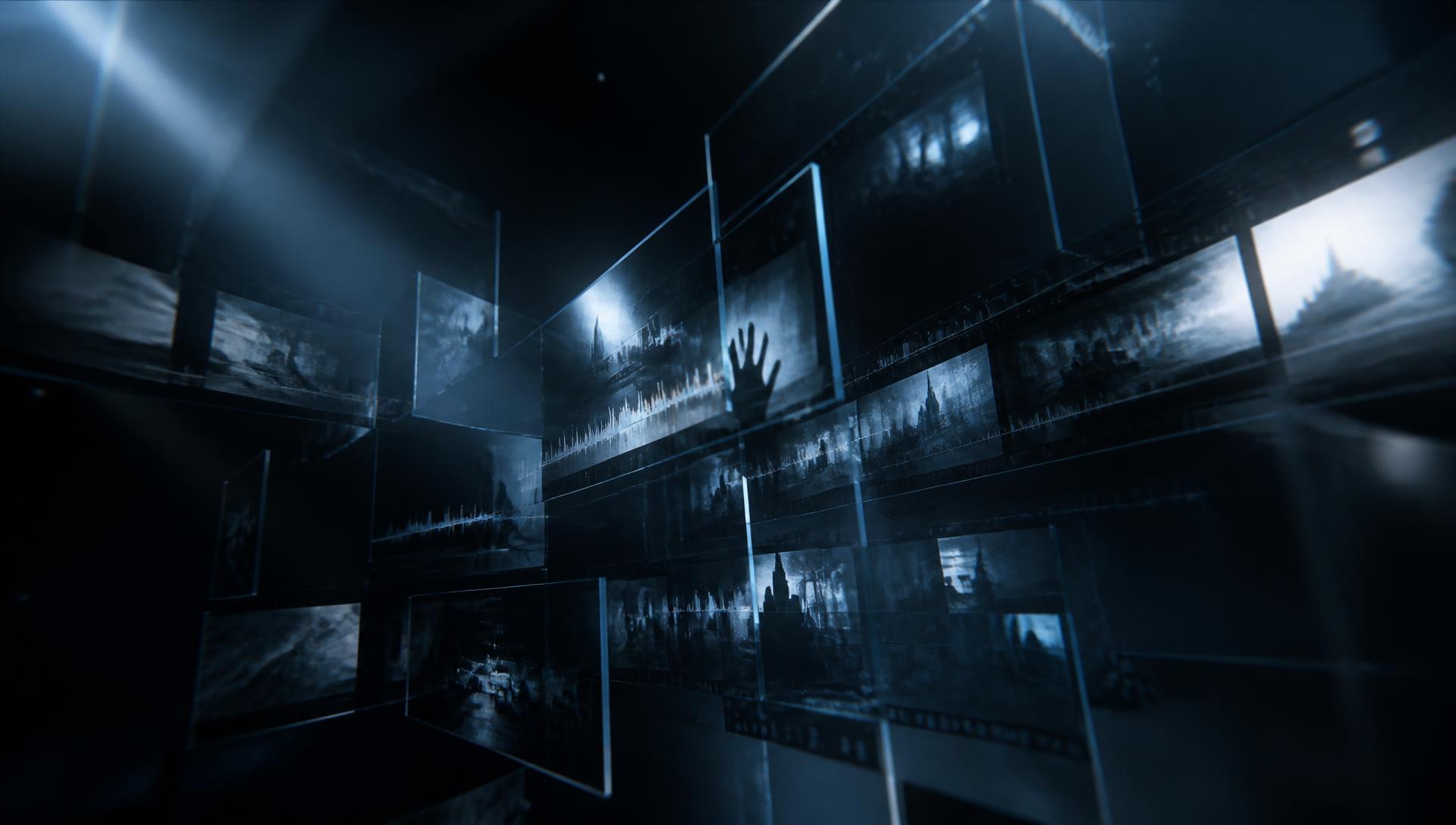 Glass film frames suspended in a dark studio void